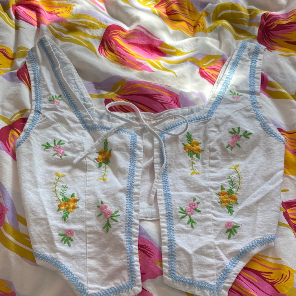 Olivaceous White Floral Embroidered Tie-Front Blouse